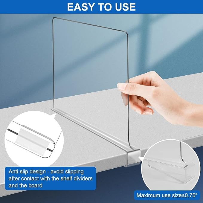 Acrylic Shelf Dividers, Clear Shelf Divider for Closet Organization 12PCS Closet Shelf Divider Closet Dividers for Shelves Shelf Organizer for Closet Shelf Organizer for Wood Closet Cabinets Separator