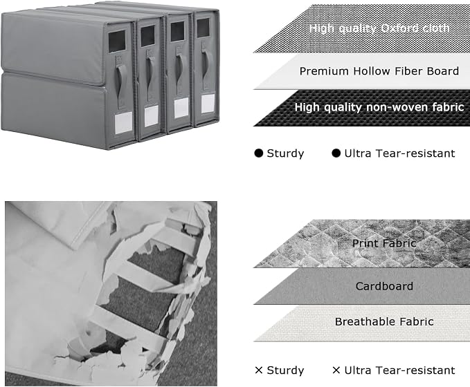 4 Pack Sheet Organizers and Storage Foldable Sheet Organizer for Linen Closet Fabric Container Boxes with Clear Window and Handle for Blanket Comforter Pillow, Grey