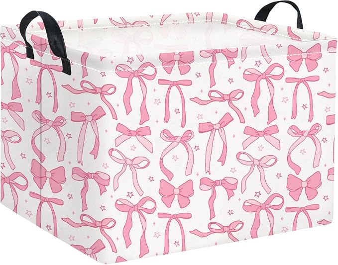 Rectangular Kids Storage Basket for Home Kitchen Girls Cute Storage Bin Organizer Shelf Book Room Decor(Pink Bowknot)