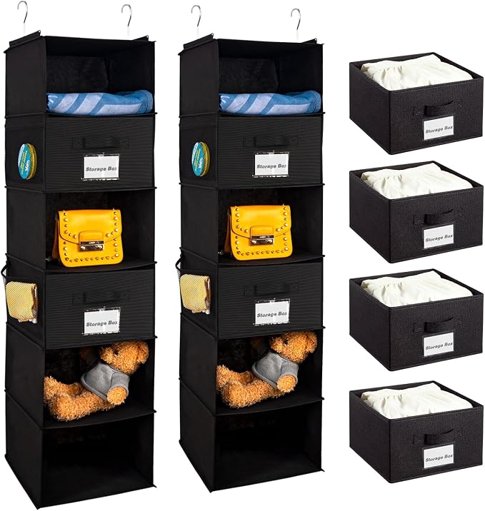 BrilliantJo 2 Pack 6 Shelves Hanging Closet Organizer with 2 Drawer, Hanging Storage with 4 Side Pockets for Clothes Shoes, 43.5"x12"x12"(Black)