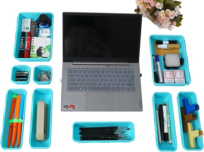 Kutesna 15 PCS Interlocking Desk Drawer Organizer Separator for Office,Bathroom,Kitchen,Makeup（Blue&Green）