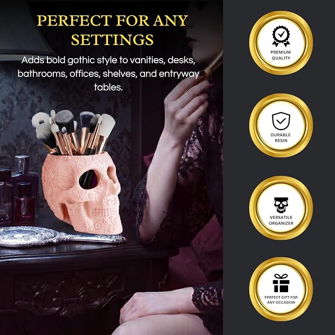 Skull Makeup Brush Holder, Pen Holder, Vanity, Desk, Office Organizer, Stationary, Decor Planter, Candy Bowl, Goth Decorations, Extra Large, Skulls Gothic Skull & Bones Organizer Bathroom (Cloud Pink)