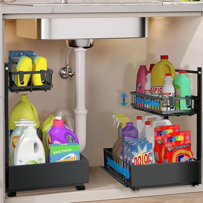 sagetta Black Under Sink Organizers with Sliding Rails Two Pack Under Kitchen Sink Organizers and Storage Pull out Kitchen Cabinet Organizer Height Adjustable Cabinet Storage Shelves Two Tiers