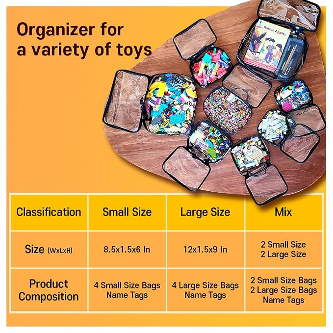 holay 4 Packs PVC Toy Storage Organizer with Zipper, Name Tag & Manual Pocket, Clear Durable Case for Blocks, Clay, Board Games, Travel (Black, Small)