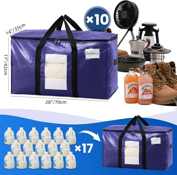 TAILI 10 Pack Dark Blue Extra Large Moving Bags, Heavy Duty Totes with Visible Window, Wrap Around Handles, Great for Space-Saving