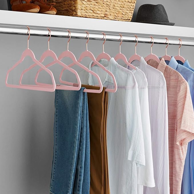 VECELO Premium Velvet Clothes Hangers Suit Heavy Duty (50 Pack)-Non Slip & Space-Saving with 6 Finger Clips & Tie Rack Excellent for Men and Women,Light Pink