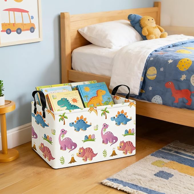 Rectangular Collapsible Cute Dinosaur Storage Basket Toy Organizer | Storage Bin Foldable Canvas with Handles for Organizing Home Kitchen Children Toys Office Closet Shelf Baskets