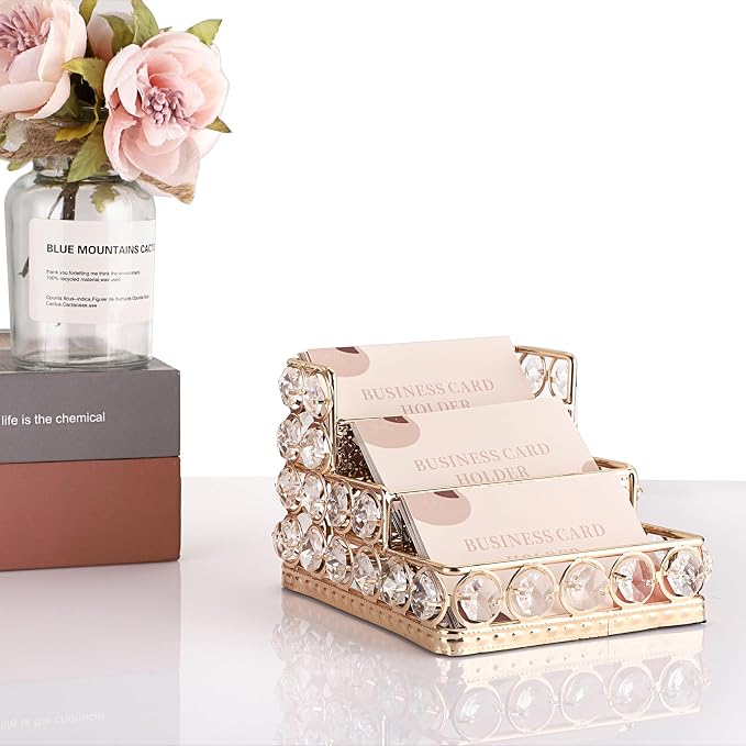 Hipiwe Crystal Business Card Holder - 3 Tiers Gold Mirrored Name Card Display Stand Desktop Business Card Storage Organizer for Office Desk, Holds 120 Business Cards