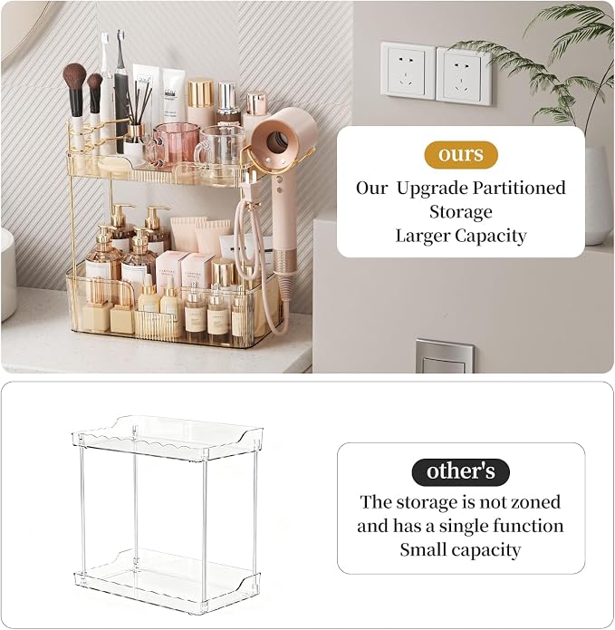 Bathroom Counter Organizer for Vanity, Makeup Organizer Countertop with Holder, Large Capacity Storage Rack, Perfect Large Skincare, Hair Care, Perfume, Easy to Install (Gold, 2Tiers)