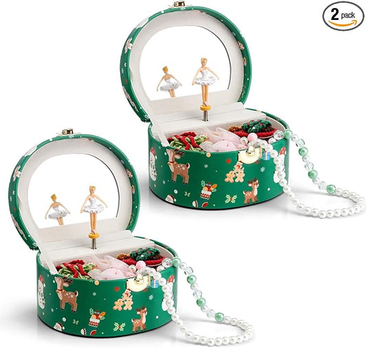 VLANDO 2Pcs Gifts for Girl, Musical Jewelry Box for Girls, Small Kid Music Box with Ballerina for Party Bedroom Decor, Gifts for Girls Kids - Christmas Green