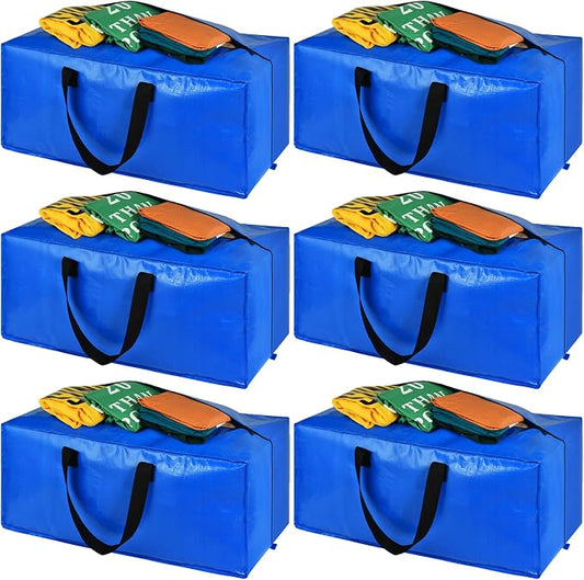 Heavy Duty Blue Moving Bags with Strong Zipper Handles Backpack Straps | 6 Pack Extra Large Storage Bags Totes Moving Boxes Packing Supplies for College Dorm Room Essentials Compatible with IKEA