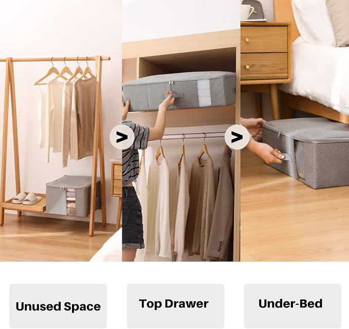 Under Bed Storage with Clear window/ 600D Sturdy Fabric, Underbed Storage Containers Bags for Clothes, Clothing, Blanket, Comforters (M（21.7x16.5x7in） for under bed storage, Light grey)