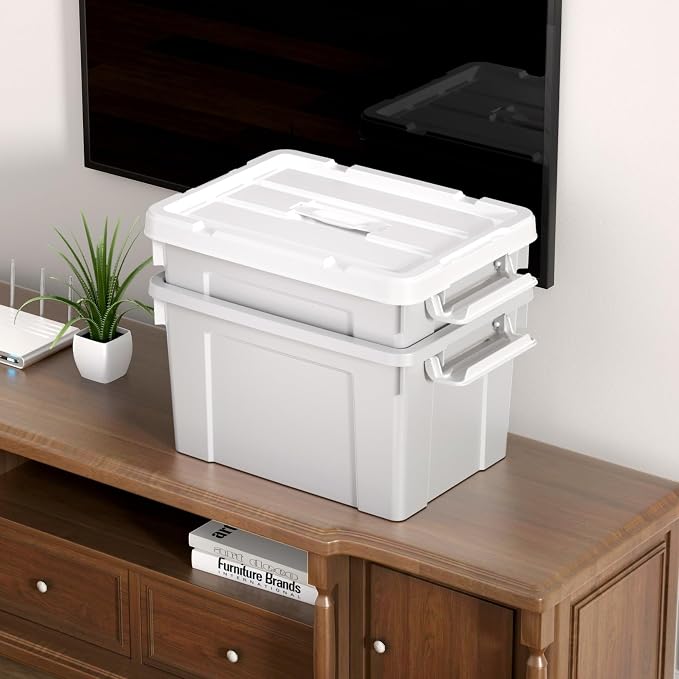 Cetomo Lidded Storage Bin with Handle, Tote Organizing Container with Durable Lid and Secure Latching Buckles, Stackable and Nestable, Plastic, 25 Quart-3 Pack, Gray