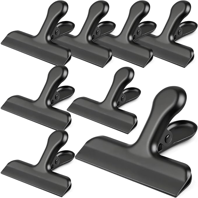 Funfery Stainless Steel Black Chip Clips 3" Bag Clips for Kitchen Storage,Food,Snacks,8 Pack Large Metal Clip for Food Packages,Chips,Paper and Home&Office