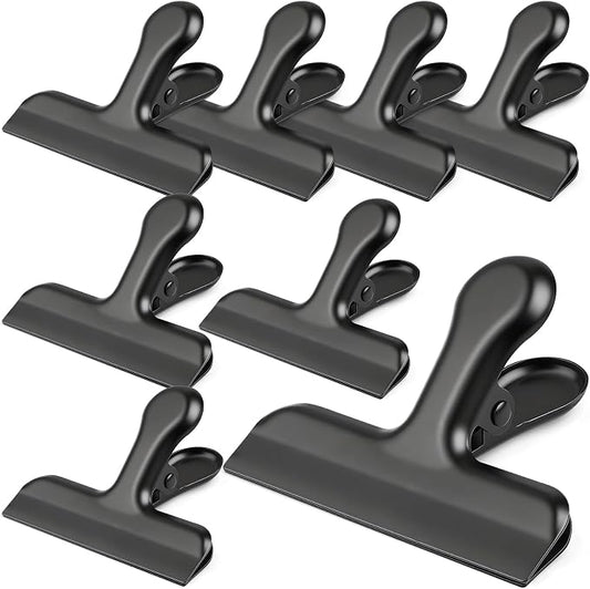 Funfery Stainless Steel Black Chip Clips 3" Bag Clips for Kitchen Storage,Food,Snacks,8 Pack Large Metal Clip for Food Packages,Chips,Paper and Home&Office