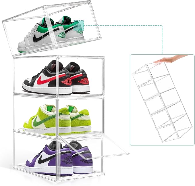 12 Pack Drop-Front Clear Shoe Box Acrylic Storage Box Shoe Organizer Size 13, Stackable Shoe Tower with Magnetic Door Large Storage Bins for Sneaker Containers Display & Closet Organization