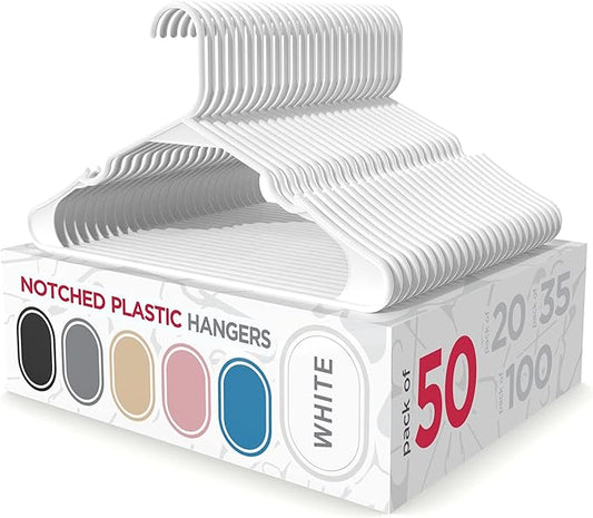 Sharpty Plastic Hangers Clothes Hangers for Clothing, Closet, Coats & Shirts - Notched, Durable, Space Saving - for Everyday Standard Use, Room Essentials & Basics - 50 Pack - White