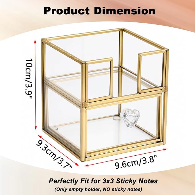 BTSKY Golden Glass 3x3 Inch Sticky Note Holder with Drawer, Elegant Post It Note Dispenser with Non-Slip Pads Clear Notepad Holder for Desk Organization Planning, Home Office Decor