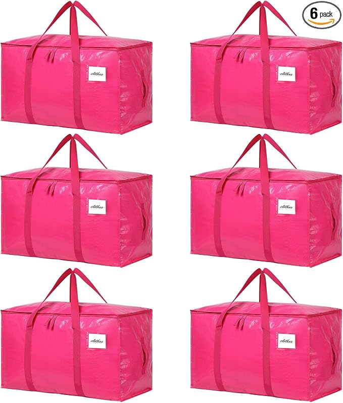 6 Pack Extra Large Moving Bags, 93L Heavy Duty Storage Totes with Reinforced Handles, Strong Zippers, Water-Resistant Foldable Packing Bags for Clothes and Bedding, Rose Pink