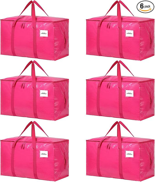 6 Pack Extra Large Moving Bags, 93L Heavy Duty Storage Totes with Reinforced Handles, Strong Zippers, Water-Resistant Foldable Packing Bags for Clothes and Bedding, Rose Pink