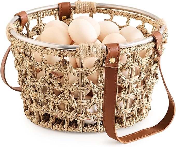 Farmhouse Seagrass Egg Baskets - Handmade Wicker Egg Collecting Basket with Handle
