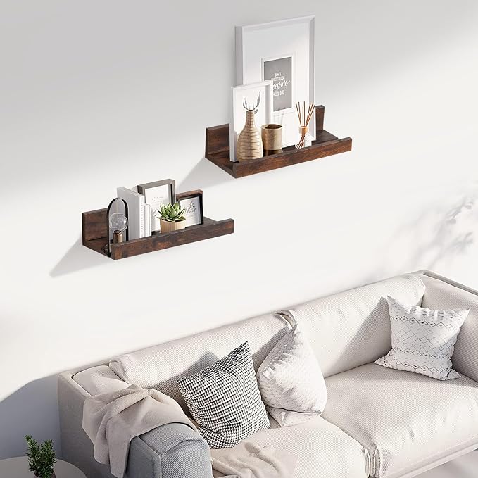 Muzilife 12" Small Floating Wall Ledge Shelves with Lip - Set of 2 Wood Floating Shelves - Walnut Brown Wall Mounted Picture Ledge for Office, Bathroom, Bedroom, Living Room, Kitchen