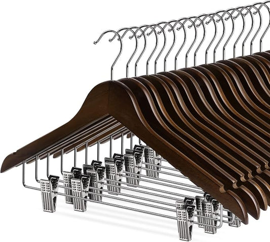 Wooden Clothes Hangers with Clips, 16Pack Wood Skirt Hangers with Clips, High-Grade Selected Walnut Wood Hangers with Sturdy Metal Clips for Pants, Suit, Heavy Winter Coat, Jacket, Formal Dress