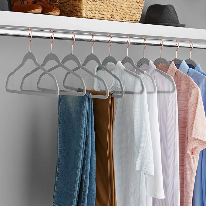 VECELO Premium Velvet Clothes Hangers Suit Heavy Duty (100 Pack)-Non Slip & Space-Saving with 12 Finger Clips & 2 Tie Rack Excellent for Men and Women,Gray