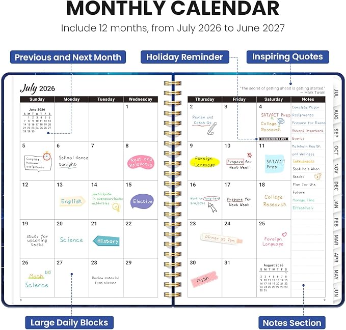 Planner 2026-2027, Hardcover Monthly and Weekly Academic Planner July 2026 - June 2027, Teacher and Student Calendar Agenda Book with Tabs, A5 (6.3" x 8.5"), Ideal for School and Office, Ocean Drift