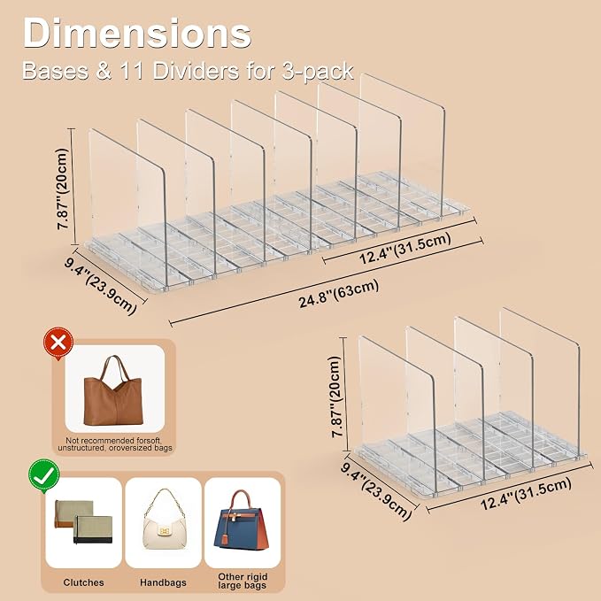 SortNStore Bag & Purse Organizer for Closet: Adjustable Clear Handbag Storage Shelf - Plastic Clutch Dividers for Closet Organizers and Storage - Keep Carteras & Pocketbook Upright 3 Pack - 11Dividers