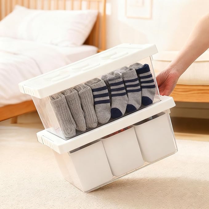 Plastic Storage Bins with Lids, Art Craft Supply Organizer Box with Brush Pot, Multipurpose Stackable Storage Containers for Organizing Tool, Craft, Crayon,Sewing(White)
