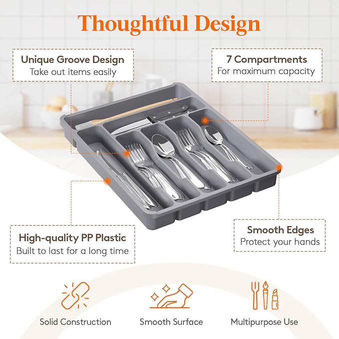 Lifewit Silverware Organizer with Lid, Covered Utensil Tray for Kitchen Drawer and Countertop, Plastic Cutlery and Flatware Storage Box for Spoons Forks Knives Holder Case, 29 x 37cm, Gray