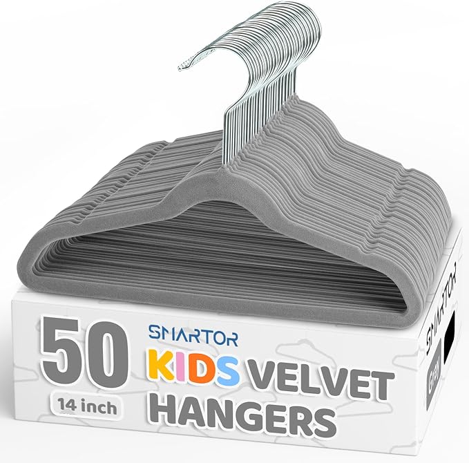 Smartor Premium 14 Inch Kids Hangers 50 Pack, Baby Velvet Hanger Non Slip | Grey Space Saving Felt Hangers Clothes Organizers for Closet with 360° Swivel Hook for Children, Toddler & Teens