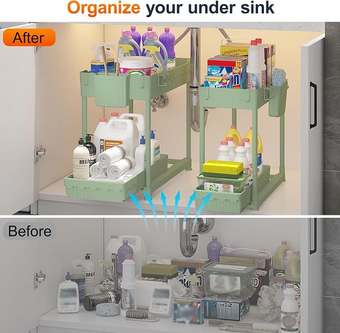 Sevenblue 4-Pack 2-Tier Under Sink Organizer with Pull Out Drawers | Multi-use kitchen & bathroom storage. Includes hanging hooks and cups. Green, space-saving cabinet design. 12.8 Inch