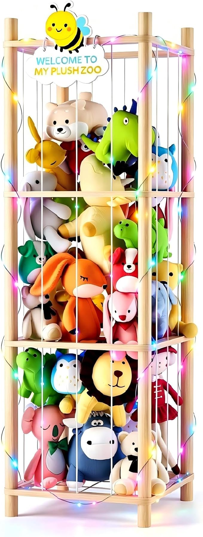 Stuffed Animal Storage Zoo Organizer Natural Pine Plushies Storage with Elastic Bands Vertical Wood Toy Holder Mesh Net Space Saving Design for Playroom Nursery Kids Bedroom