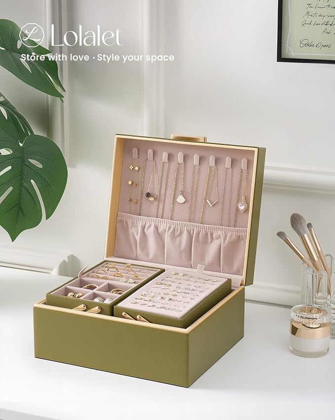 Lolalet Jewelry Box Organizer for Women Girls, 2 Layer Jewelry Organizers and Storage for Necklace Earrings Rings Bracelets, Large Jewellery Holder Case Birthday Gifts -Olive Green
