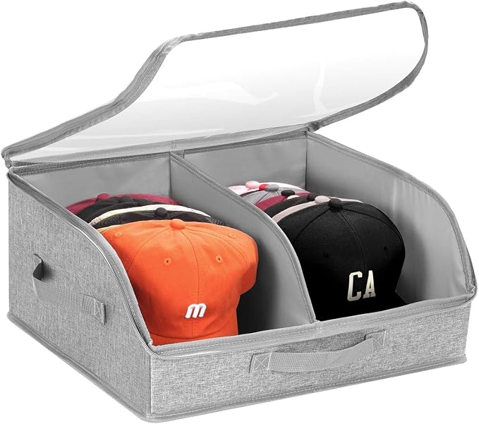 Hat Organizer for Baseball Caps, 2 Compartments Clear Window Hat Storage Box for Closet Hold Up to 24 Caps, Hats Holder Container with Sturdy Cardboard for Home Storage | Gray
