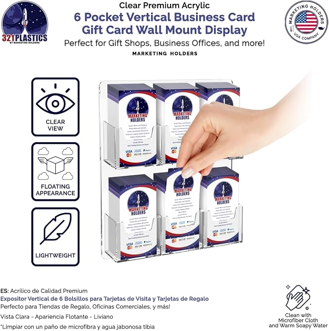 Marketing Holders Wall Business Card Holder with Hanging Hardware for 2" x 3.5" Vertical Gift Cards Clear Acrylic 6 Slot Display Holds 50 Contact or 30 Membership Cards