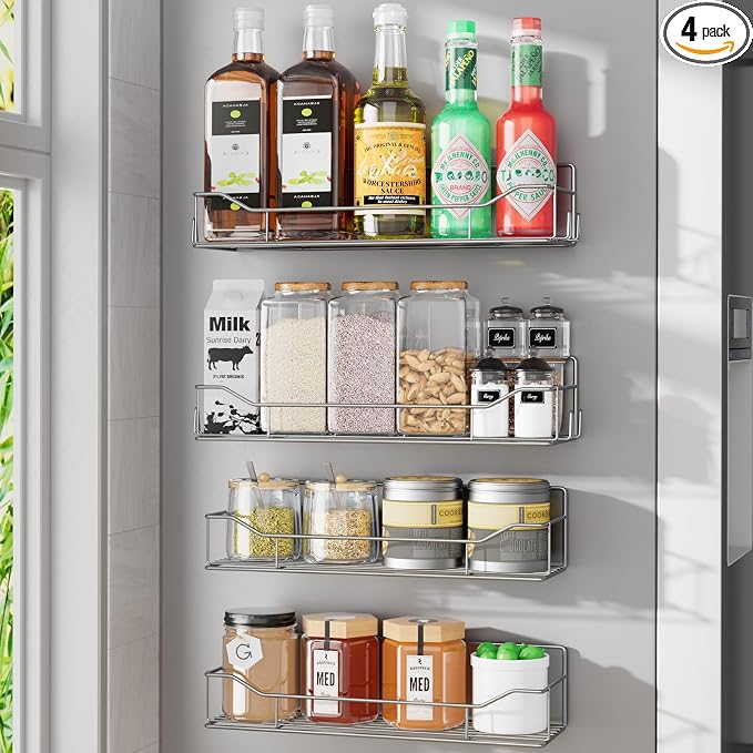 Magnetic Spice Rack for Refrigerator, 4 Pack Metal Strong Magnet Spice Organizer Shelves, Magnetic Fridge Shelf for Kitchen Seasoning Organizer Gadgets, Home Organization and Storage (Grey)