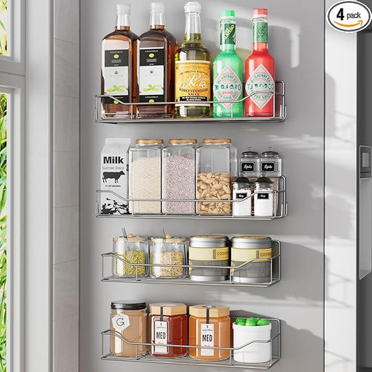 Magnetic Spice Rack for Refrigerator, 4 Pack Metal Strong Magnet Spice Organizer Shelves, Magnetic Fridge Shelf for Kitchen Seasoning Organizer Gadgets, Home Organization and Storage (Grey)