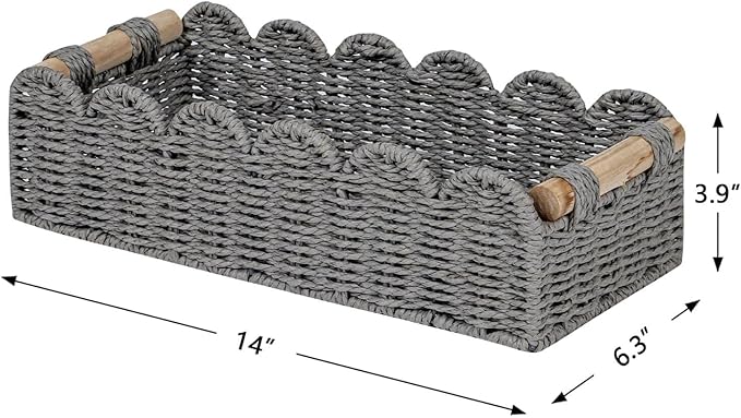 CubesLand Scalloped Edge Toilet Paper Storage Basket, Living Room Home Cozy Decor Basket, Paper Rope Small Baskets for Over Toilet Storage Shelf, End Table, Shelves, with 2 Wooden Handles, Grey