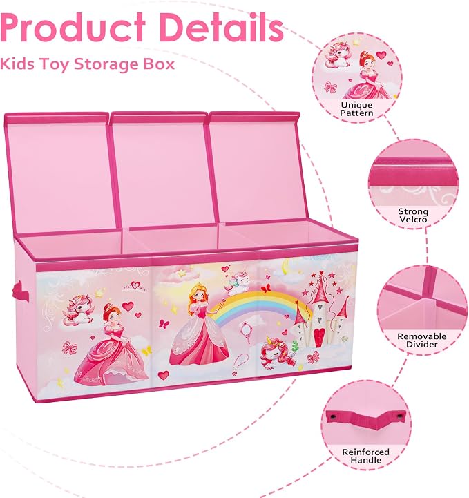 Large Toy Box Chest Organizer with Flip Lid for Kids, Collapsible Oxford Toy Storage Box with Handles for Boys Girls, Sturdy Waterproof Storage Organizer for Bedroom Playroom Nursery, 37.7×12.5×15.7''