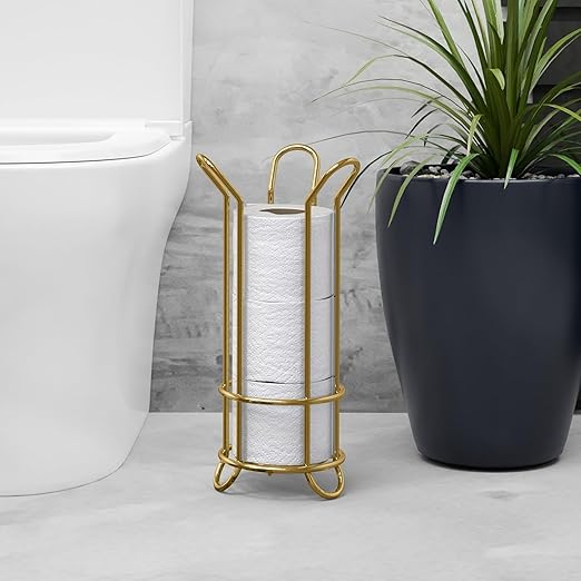 BROOKSTONE Toilet Paper Holder Stand, Modern and Minimal Free Standing Toilet Paper Stand with Storage, Bathroom Tissue Organizer that Holds Mega Rolls - Gold