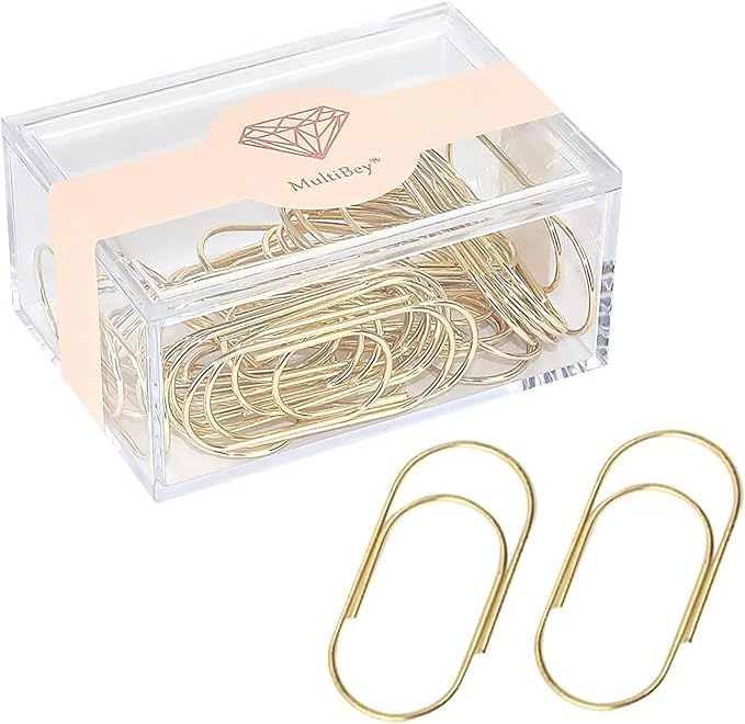 MultiBey Gold Jumbo Paper Clips, 30 Pack, 2 Inch Large Metal Clips | Large Gold Paper Clips for Office, Planners, Crafts And Invitations, Clear Acrylic Storage Box for Easy Desk Organization