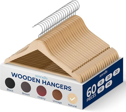SereneLife Solid Wooden Hangers, Mega Pack, 60 Pieces Hangers for Clothes, Heavy Duty Suit Hanger Set with Chrome 360 Degree Swivel Hook, Notched Design, Natural Wood Color