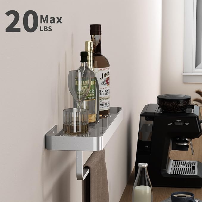 Danpoo 16 Inch Long Floating Bathroom Shelf with Towel Bar, Clear Tempered Glass Wall Shelf with Hand Towel Holder for Bathroom Storage Organizer, Matte Silver