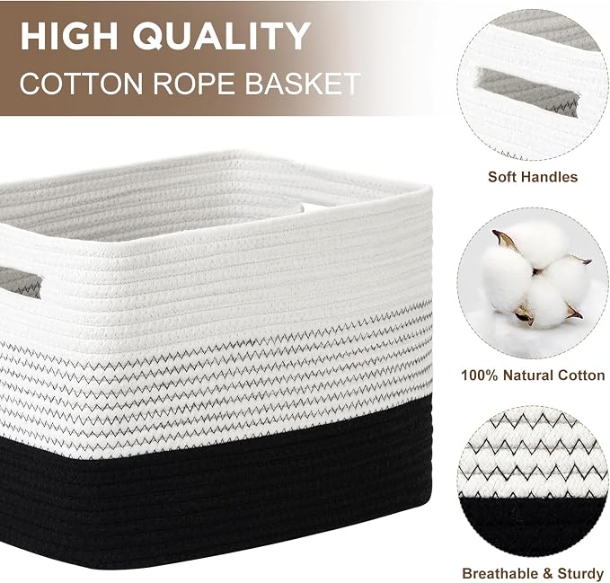 Temary Woven Storage Baskets, Set of 3 Rope Baskets for Storage Clothes, Towels, Versatile Boho Storage Bins (White&Black, 13"x9.8"x8.5")