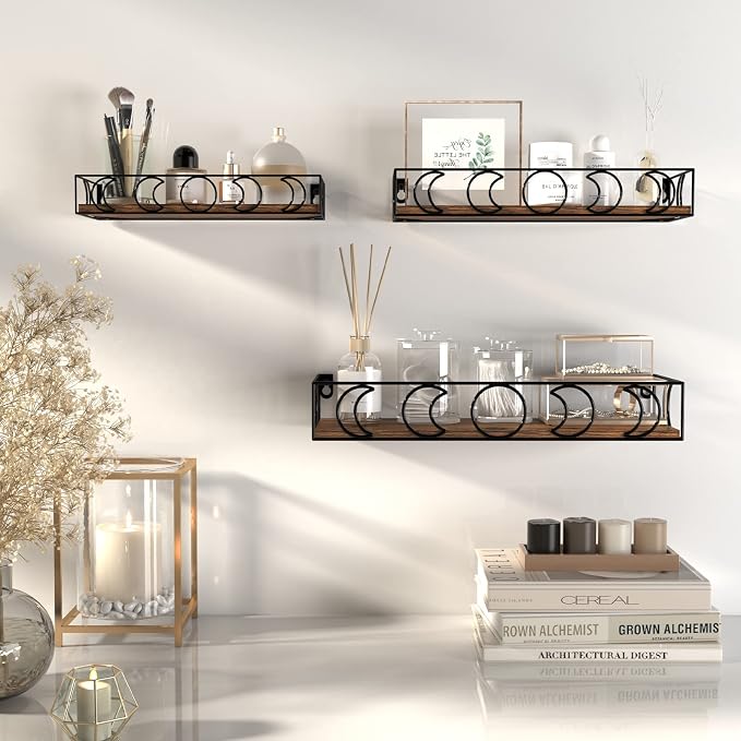 PHAREGE Moon Phase Floating Shelves Brown Black Set of 3 | Small Decorative Wall Shelves for Book Plant Storage, Crystal Figurine Collectibles Display Shelf for Bedroom Kid Room