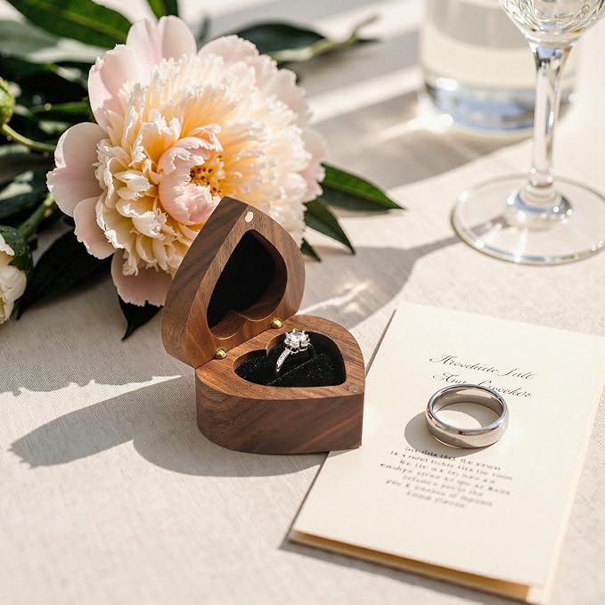 Engagement Proposal Ring Box Secret Slim Engraved Wooden Heart Case | Engrave"You are my universe", Walnut Wood Ring Bearer Box Jewelry Storage Holder Display for Wedding Ceremony Commemoration