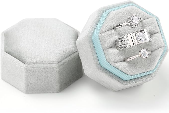 WantGor Velvet Ring Box, 3 Slots Jewelry Ring Gift Box Vintage Ring Holder | Ring Display Case for Wedding Ceremony Proposal Engagement (Sage Green)